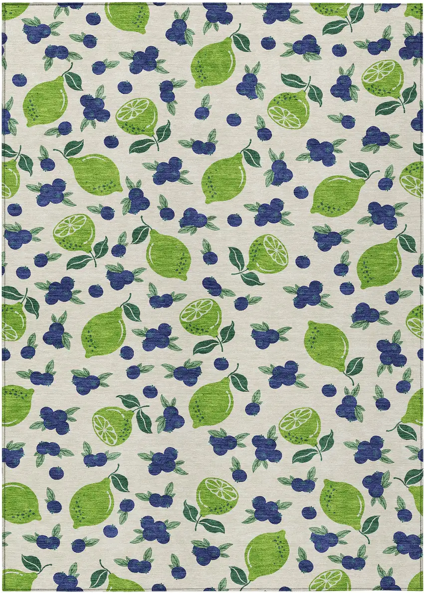 Linen Green And Blue Lemons Washable Indoor Outdoor Area Rug Photo 2