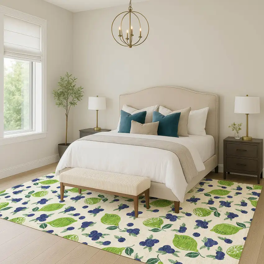 Linen Green And Blue Lemons Washable Indoor Outdoor Area Rug Photo 8