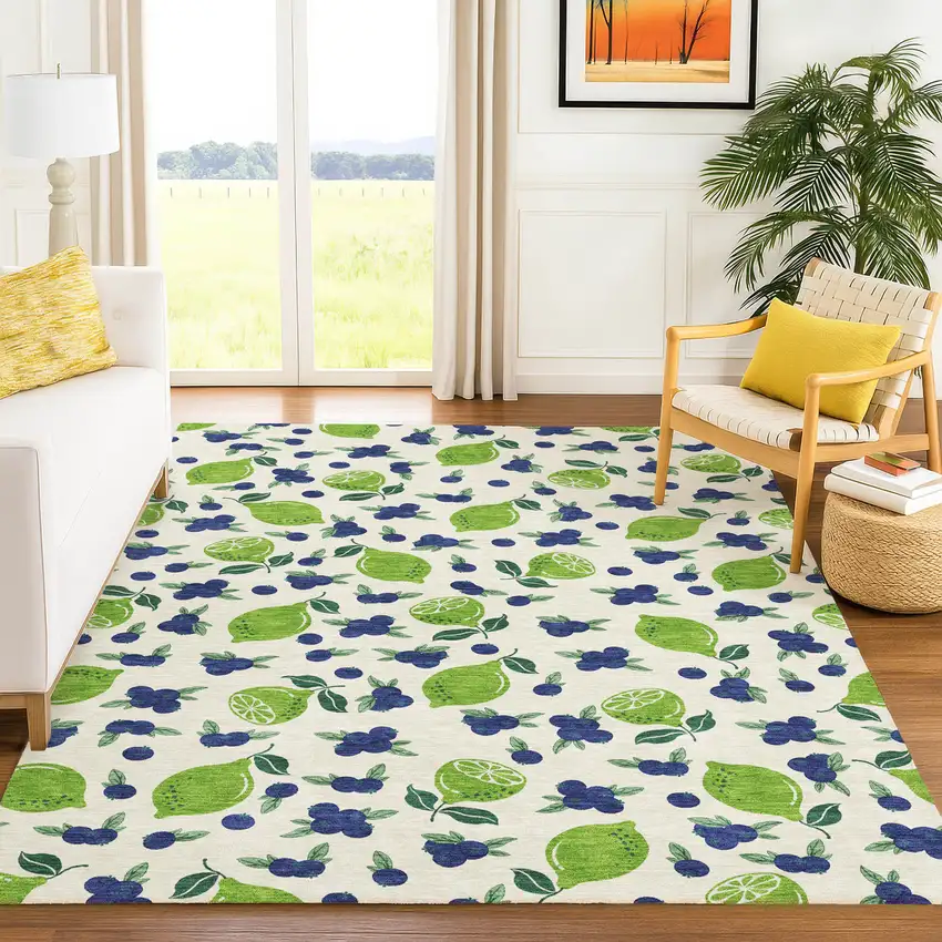Linen Green And Blue Lemons Washable Indoor Outdoor Area Rug Photo 9