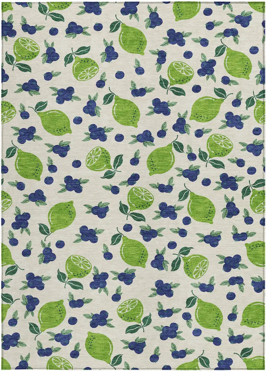 Linen Green And Blue Lemons Washable Indoor Outdoor Area Rug Photo 4