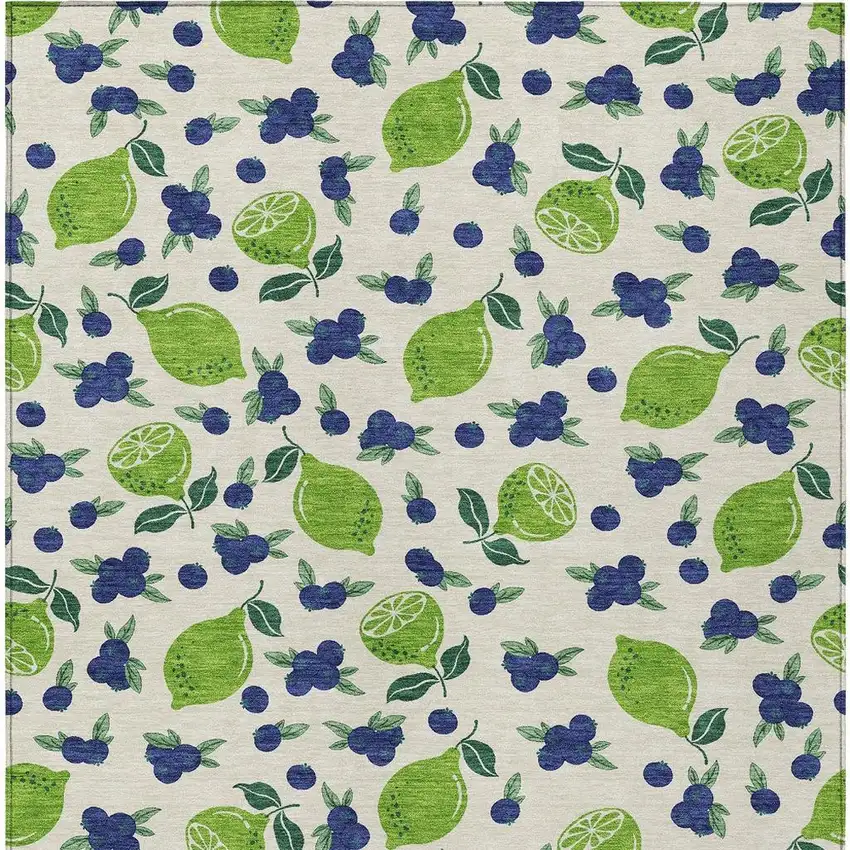 Linen Green And Blue Lemons Washable Indoor Outdoor Area Rug Photo 4