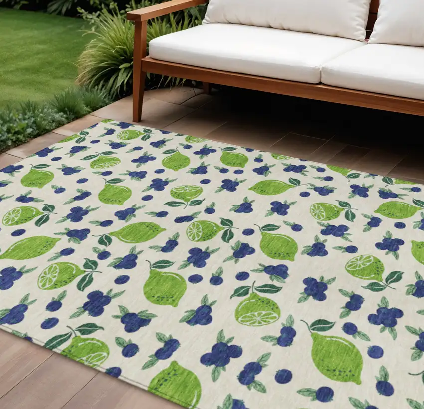 Linen Green And Blue Lemons Washable Indoor Outdoor Area Rug Photo 1