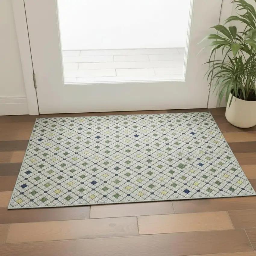 Linen Green And Blue Striped Washable Area Rug With UV Protection Photo 2