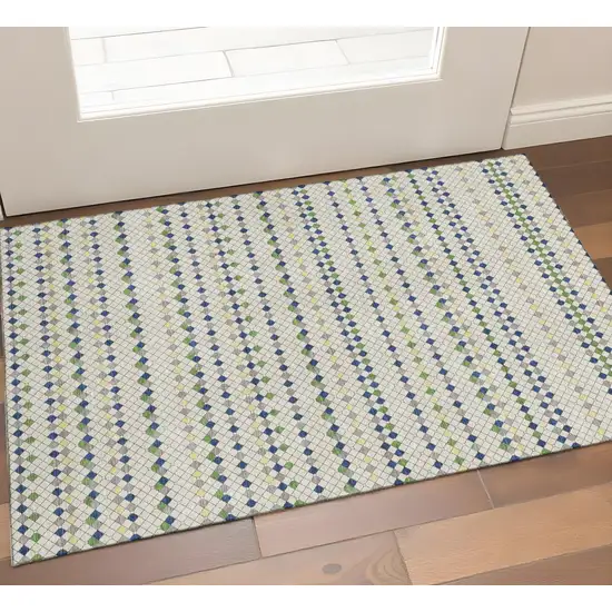 Linen Green And Blue Striped Washable Area Rug With UV Protection Photo 1