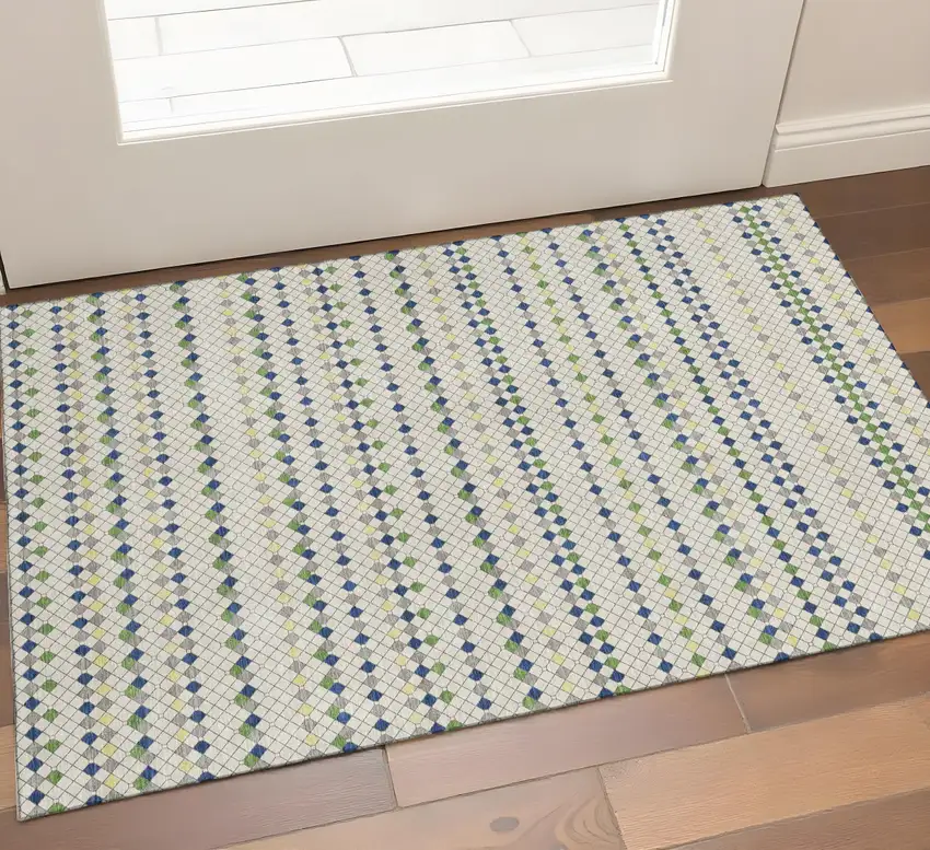 Linen Green And Blue Striped Washable Area Rug With UV Protection Photo 1