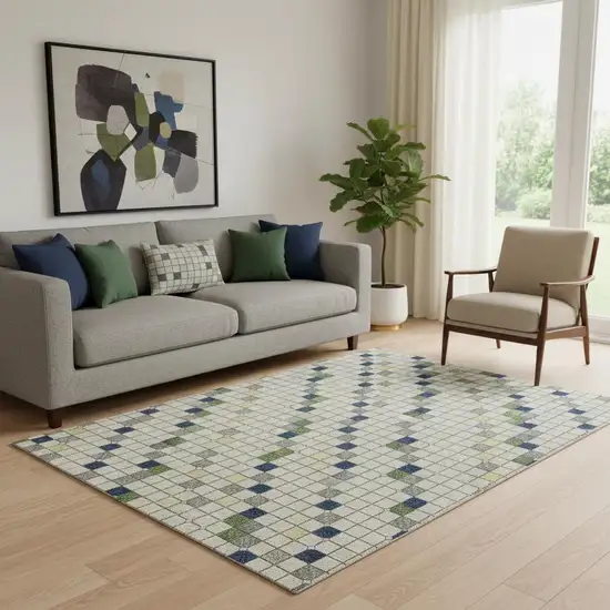 Linen Green And Blue Striped Washable Area Rug With UV Protection Photo 2