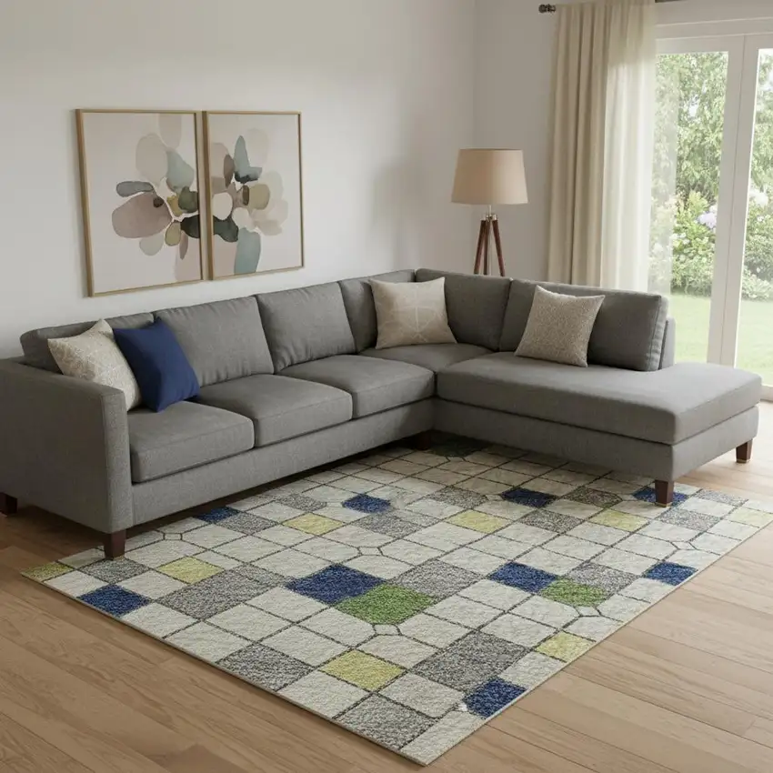 Linen Green And Blue Striped Washable Area Rug With UV Protection Photo 2