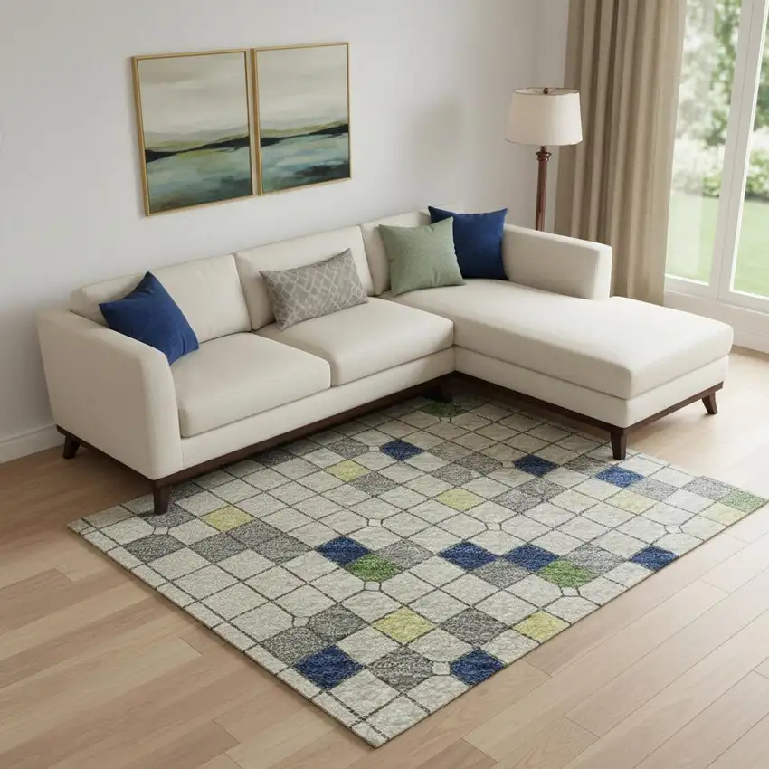 Linen Green And Blue Striped Washable Area Rug With UV Protection Photo 2