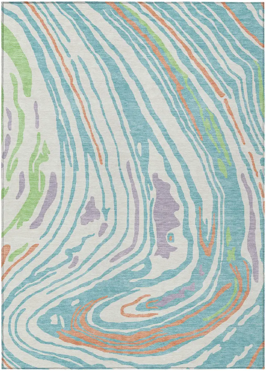 Linen Green And Sky Blue Abstract Washable Indoor Outdoor Area Rug Photo 2