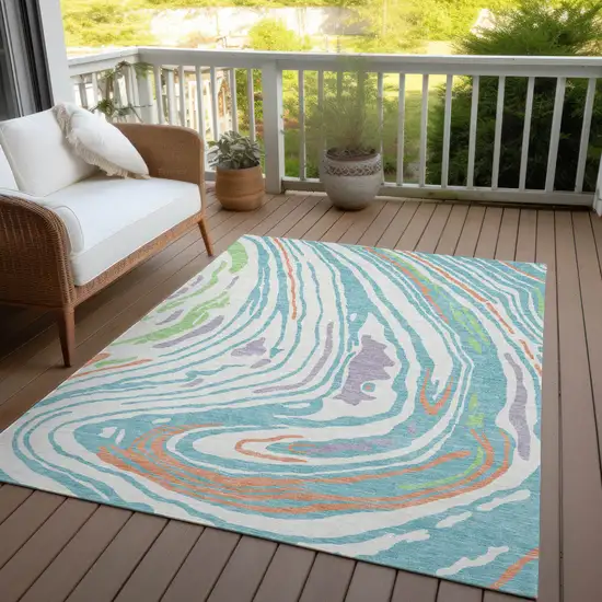 Linen Green And Sky Blue Abstract Washable Indoor Outdoor Area Rug Photo 8