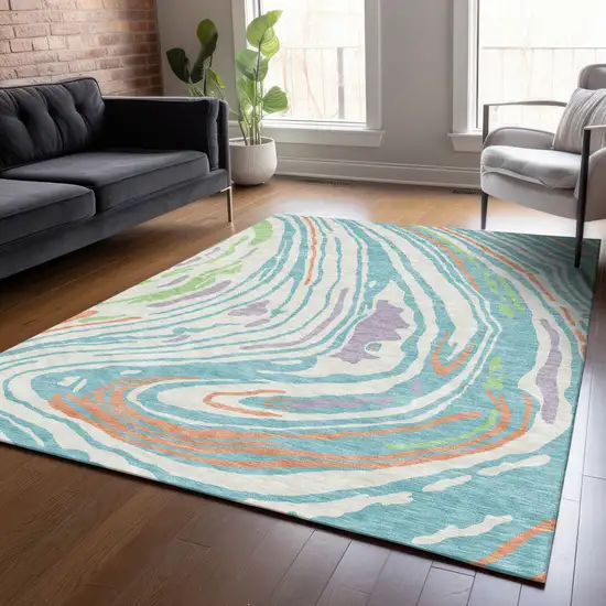 Linen Green And Sky Blue Abstract Washable Indoor Outdoor Area Rug Photo 9