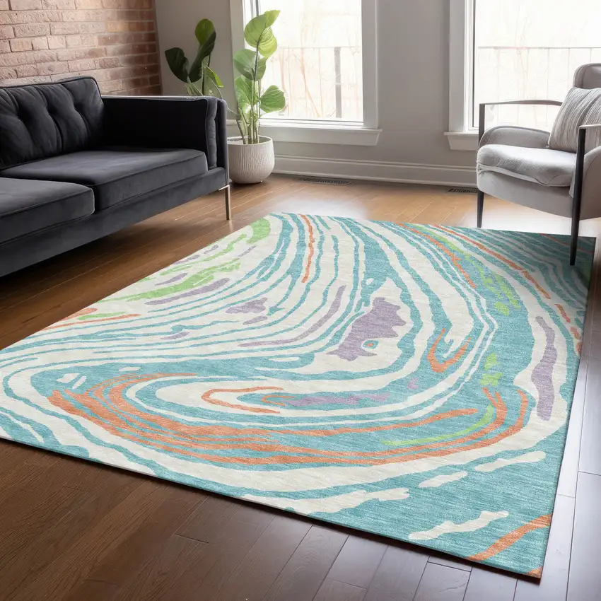 Linen Green And Sky Blue Abstract Washable Indoor Outdoor Area Rug Photo 9