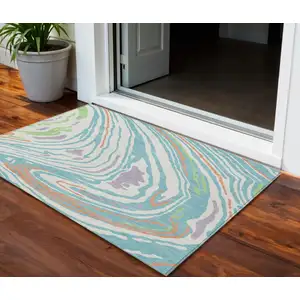 Photo of Linen Green And Sky Blue Abstract Washable Indoor Outdoor Area Rug