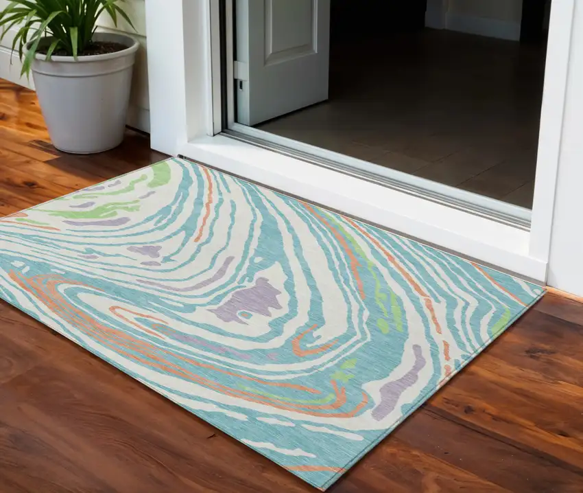 Linen Green And Sky Blue Abstract Washable Indoor Outdoor Area Rug Photo 1