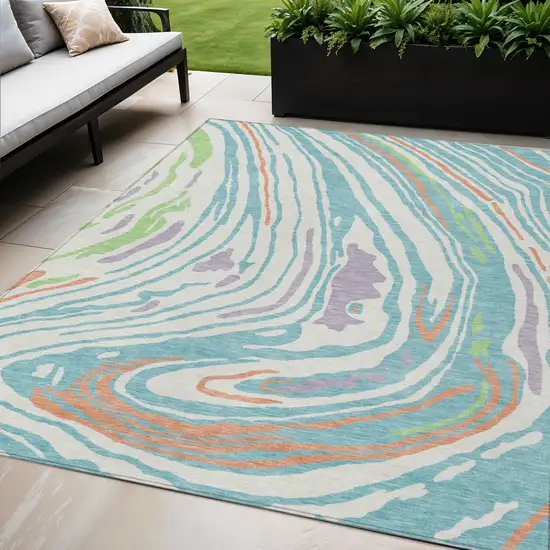 Linen Green And Sky Blue Abstract Washable Indoor Outdoor Area Rug Photo 1