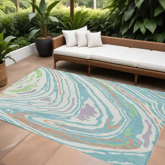 Linen Green And Sky Blue Abstract Washable Indoor Outdoor Area Rug Photo 1