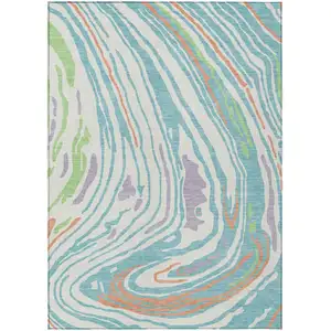Photo of Linen Green And Sky Blue Abstract Washable Indoor Outdoor Area Rug