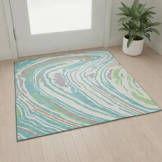 Linen Green And Teal Abstract Washable Area Rug With UV Protection Photo 2