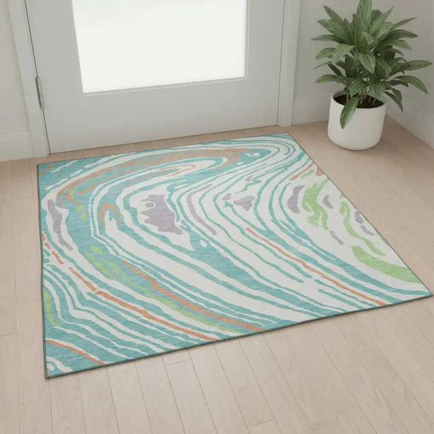 Linen Green And Teal Abstract Washable Area Rug With UV Protection Photo 2