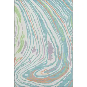 Photo of Linen Green And Teal Abstract Washable Area Rug With UV Protection