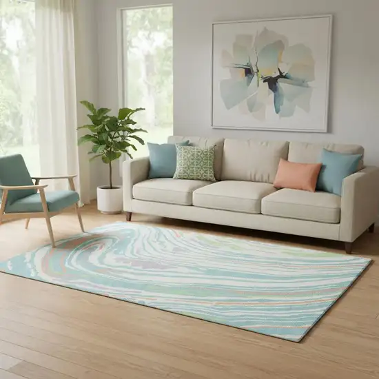 Linen Green And Teal Abstract Washable Area Rug With UV Protection Photo 2