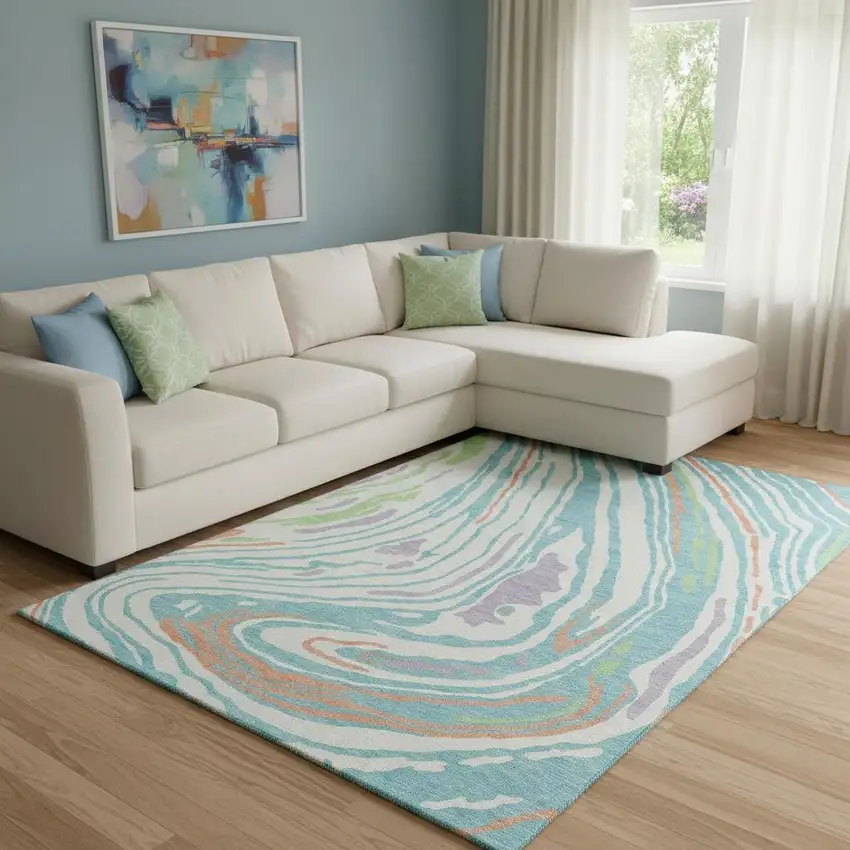 Linen Green And Teal Abstract Washable Area Rug With UV Protection Photo 2