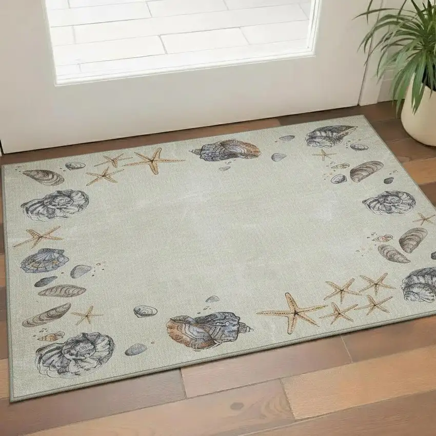 Linen Ivory And Beige Geometric Washable Area Rug With UV Protection Photo 1