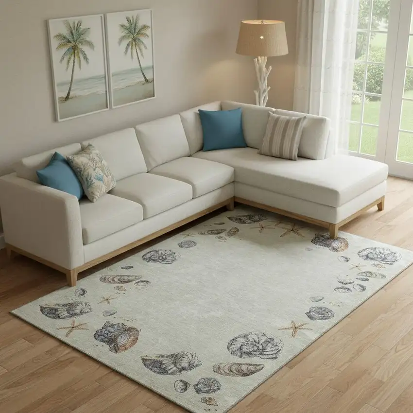 Linen Ivory And Beige Geometric Washable Area Rug With UV Protection Photo 1