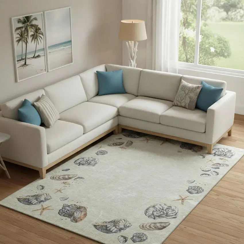 Linen Ivory And Beige Geometric Washable Area Rug With UV Protection Photo 1