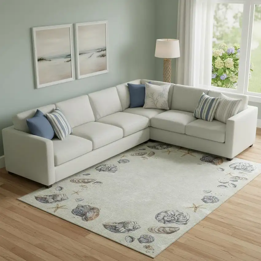 Linen Ivory And Beige Geometric Washable Area Rug With UV Protection Photo 1