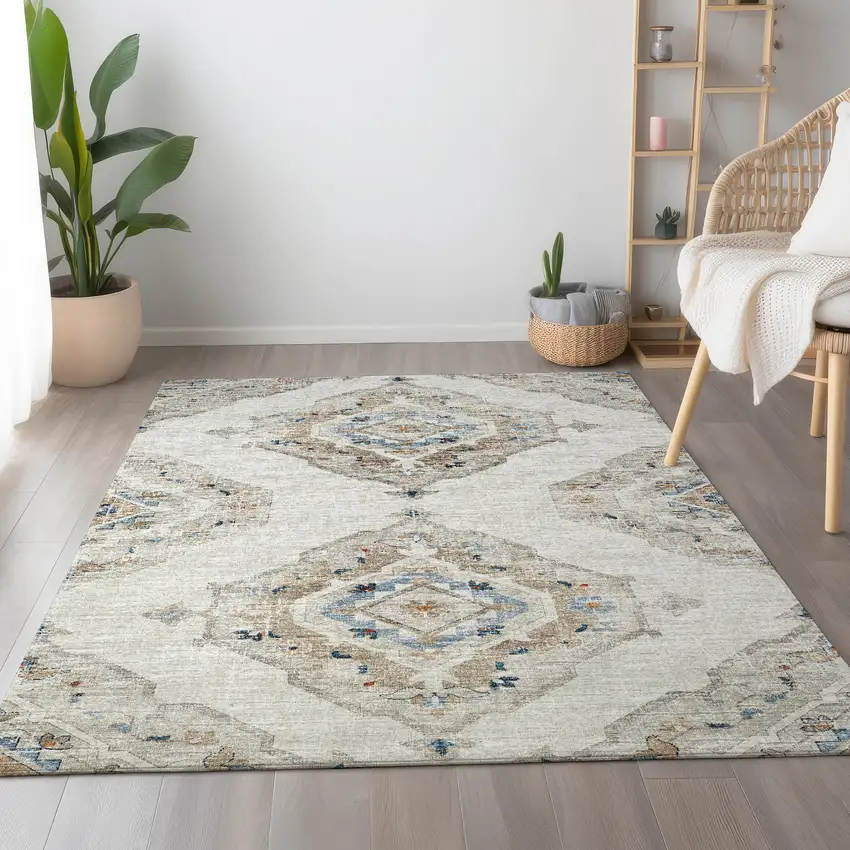 Linen Ivory And Blue Tribal Washable Area Rug With UV Protection Photo 6
