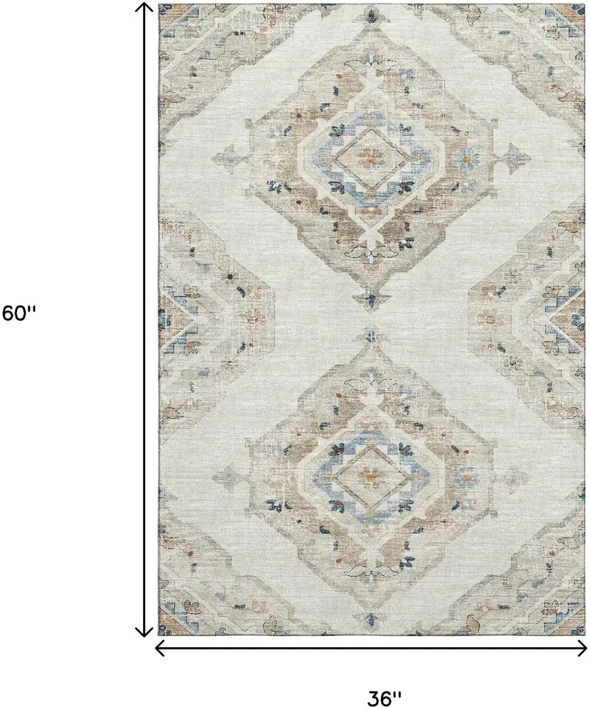 Linen Ivory And Blue Tribal Washable Area Rug With UV Protection Photo 3