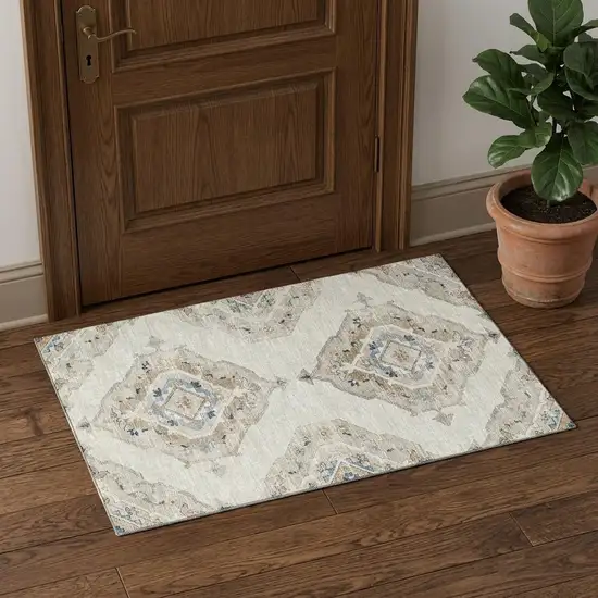 Linen Ivory And Blue Tribal Distressed Washable Area Rug With UV Protection Photo 1