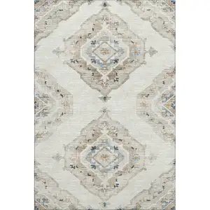 Photo of Linen Ivory And Blue Tribal Washable Area Rug With UV Protection