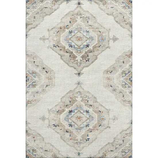 Linen Ivory And Blue Tribal Washable Area Rug With UV Protection Photo 2