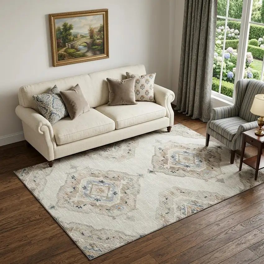 Linen Ivory And Blue Tribal Distressed Washable Area Rug With UV Protection Photo 1