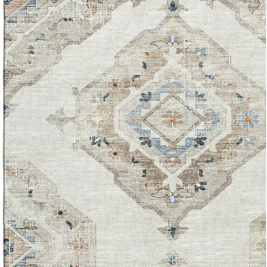 Linen Ivory And Blue Tribal Washable Area Rug With UV Protection Photo 4