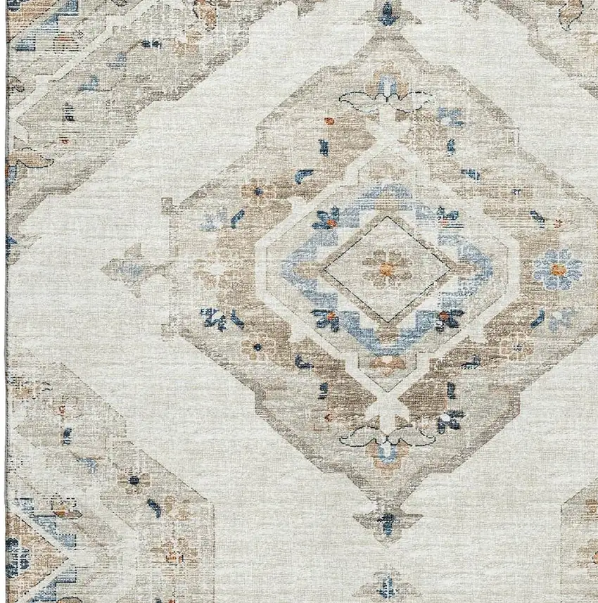 Linen Ivory And Blue Tribal Washable Area Rug With UV Protection Photo 4