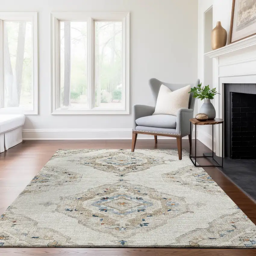 Linen Ivory And Blue Tribal Washable Area Rug With UV Protection Photo 7