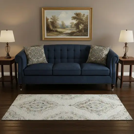 Linen Ivory And Blue Tribal Washable Area Rug With UV Protection Photo 1