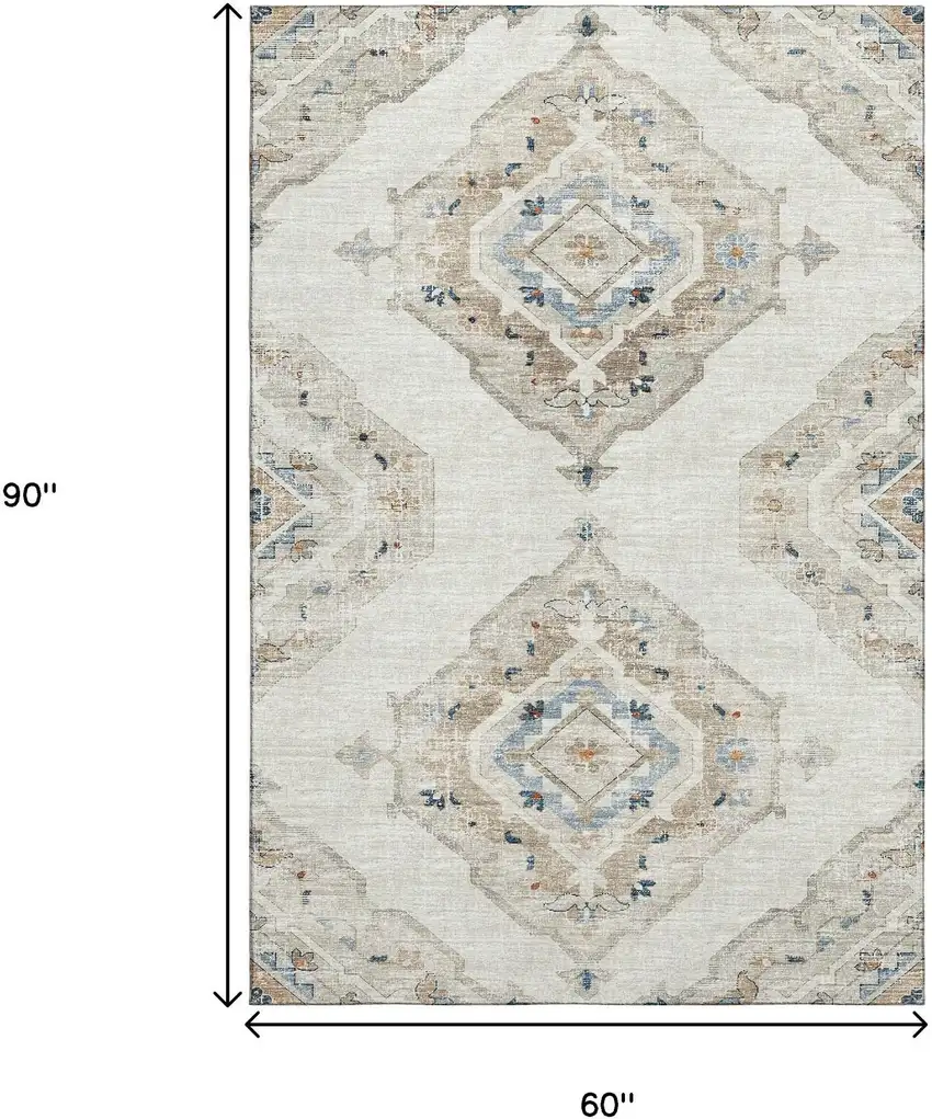 Linen Ivory And Blue Tribal Washable Area Rug With UV Protection Photo 3