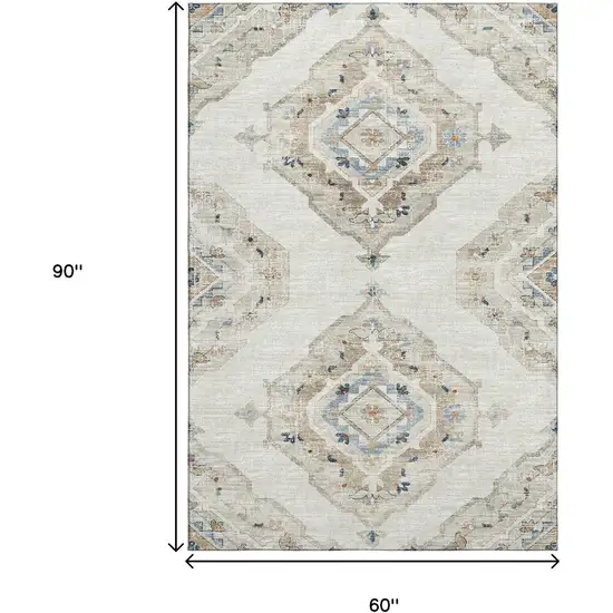 Linen Ivory And Blue Tribal Washable Area Rug With UV Protection Photo 3