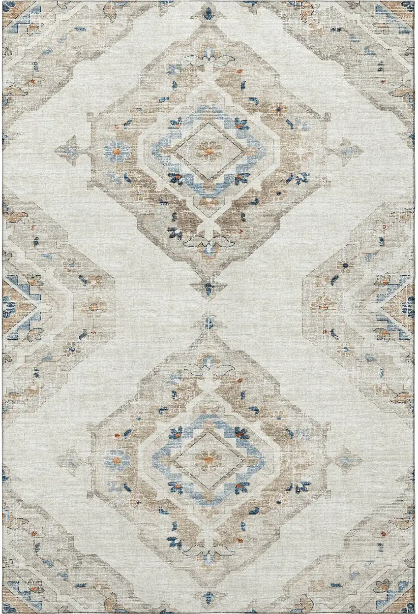 Linen Ivory And Blue Tribal Washable Area Rug With UV Protection Photo 5