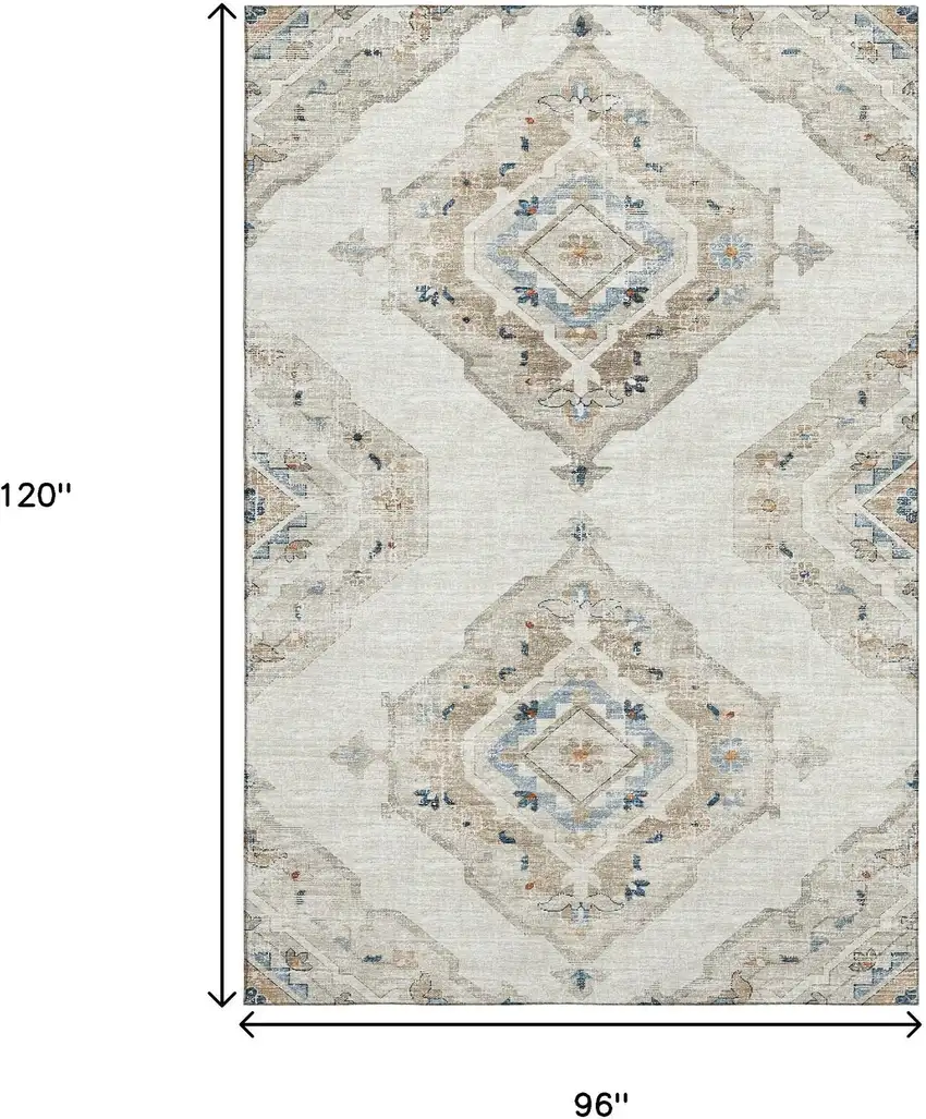 Linen Ivory And Blue Tribal Washable Area Rug With UV Protection Photo 3