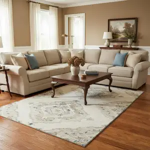 Photo of Linen Ivory And Blue Tribal Washable Area Rug With UV Protection