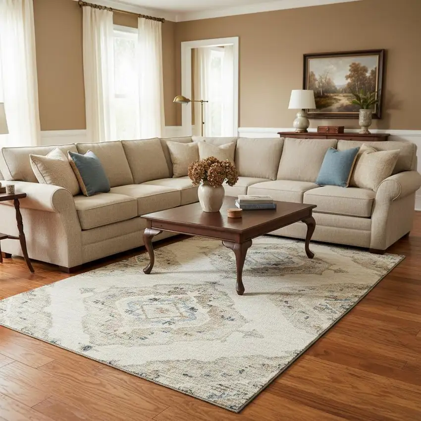 Linen Ivory And Blue Tribal Washable Area Rug With UV Protection Photo 1