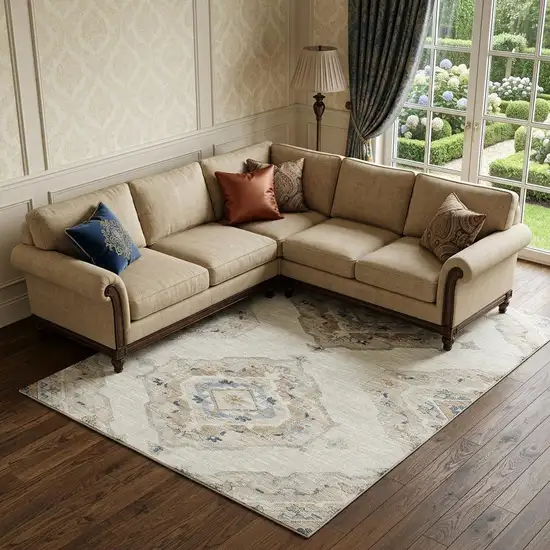 Linen Ivory And Blue Tribal Distressed Washable Area Rug With UV Protection Photo 1