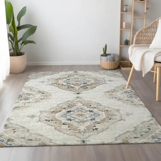 Linen Ivory And Blue Tribal Washable Area Rug With UV Protection Photo 6
