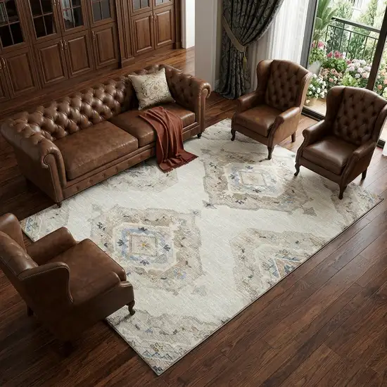 Linen Ivory And Blue Tribal Distressed Washable Area Rug With UV Protection Photo 1