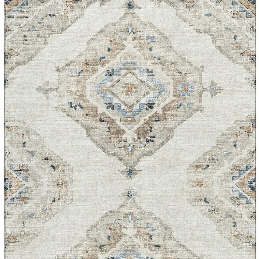 Linen Ivory And Blue Tribal Washable Area Rug With UV Protection Photo 5